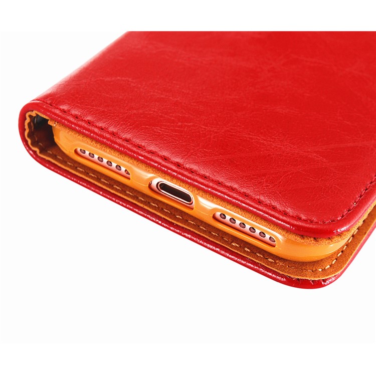Oil Wax Genuine Leather Card Slots Stand Auto-absorbed Case for iPhone 8 / 7 4.7 inch - Red-3
