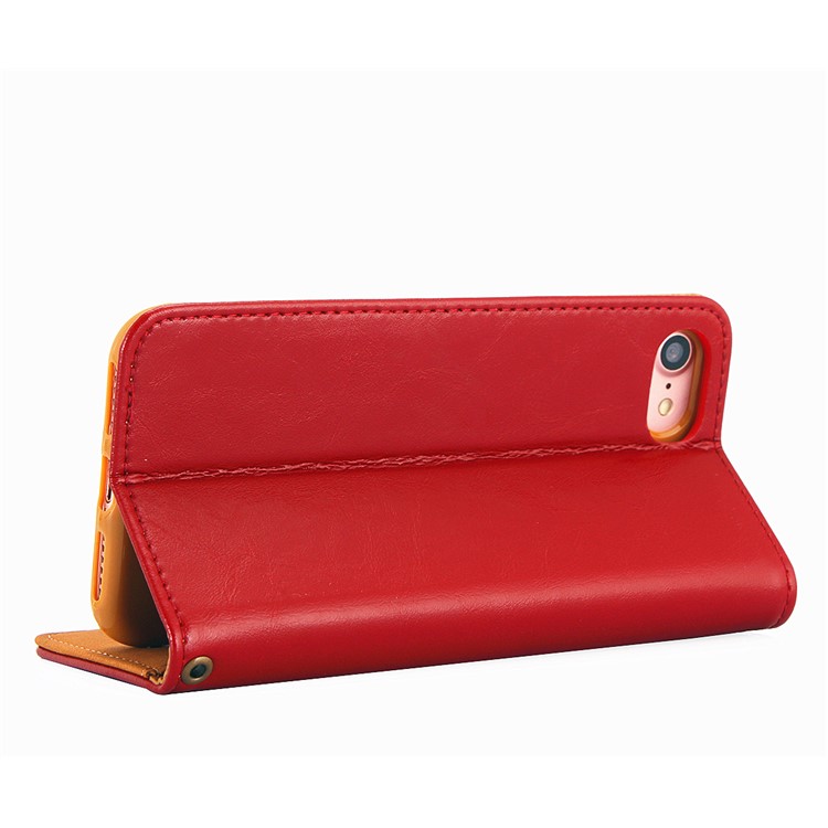 Oil Wax Genuine Leather Card Slots Stand Auto-absorbed Case for iPhone 8 / 7 4.7 inch - Red-6