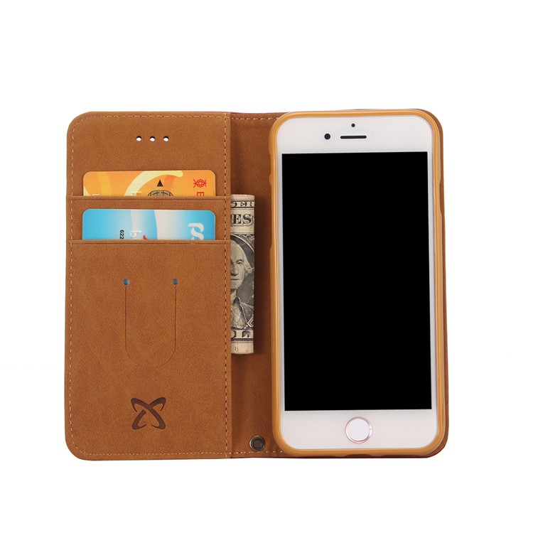 Oil Wax Genuine Leather Card Slots Stand Auto-absorbed Case for iPhone 8 / 7 4.7 inch - Red-7