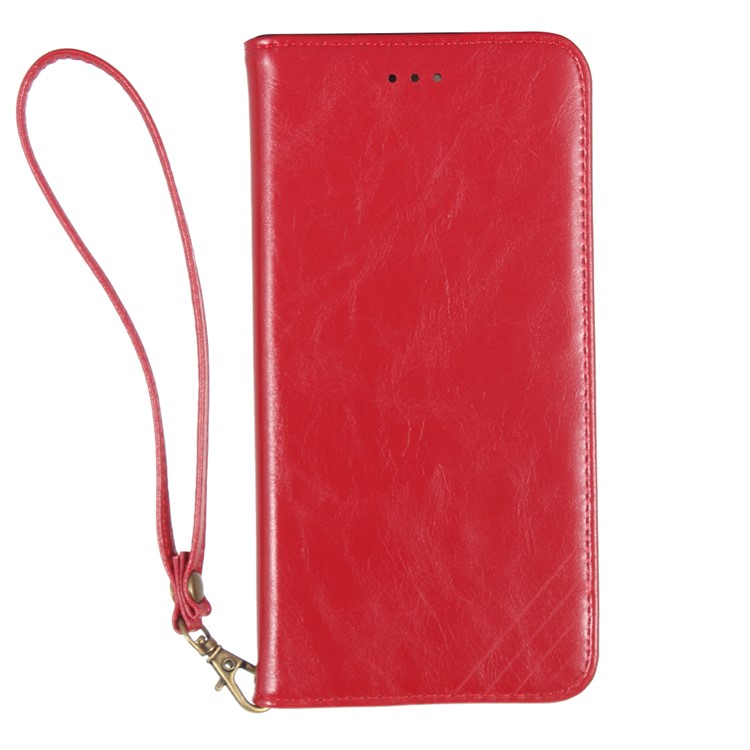 For iPhone 8 Plus / 7 Plus 5.5 inch Oil Wax Genuine Leather Auto-absorbed Stand Case with Wrist Strap - Red-1
