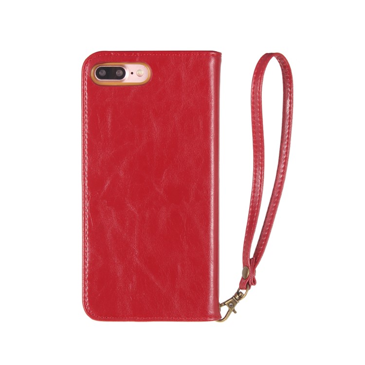 For iPhone 8 Plus / 7 Plus 5.5 inch Oil Wax Genuine Leather Auto-absorbed Stand Case with Wrist Strap - Red-2