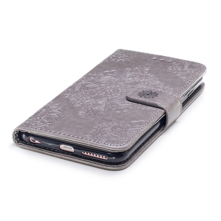 Imprint Flower Patten Leather Wallet Stand Cover for iPhone 6s Plus / 6 Plus - Grey-5