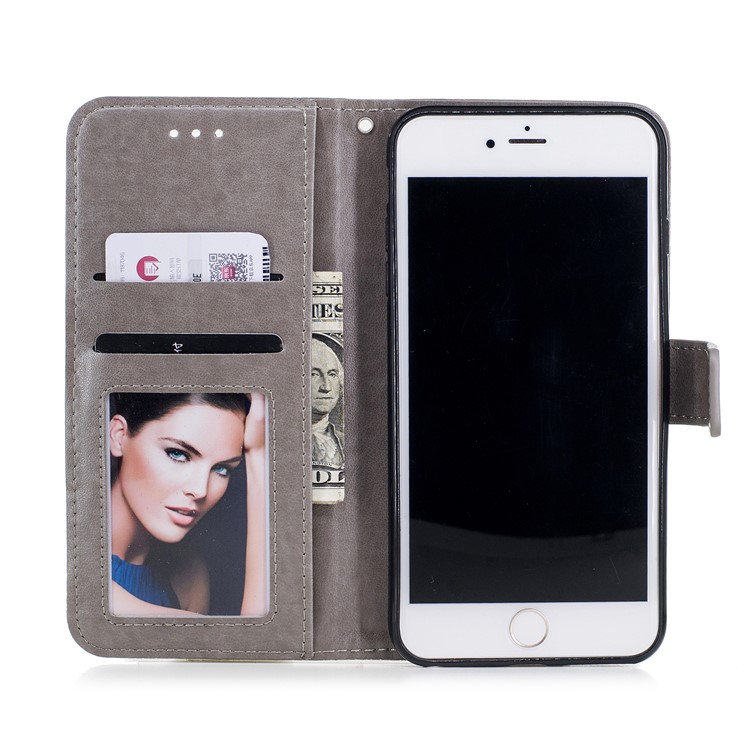 Imprint Flower Patten Leather Wallet Stand Cover for iPhone 6s Plus / 6 Plus - Grey-7