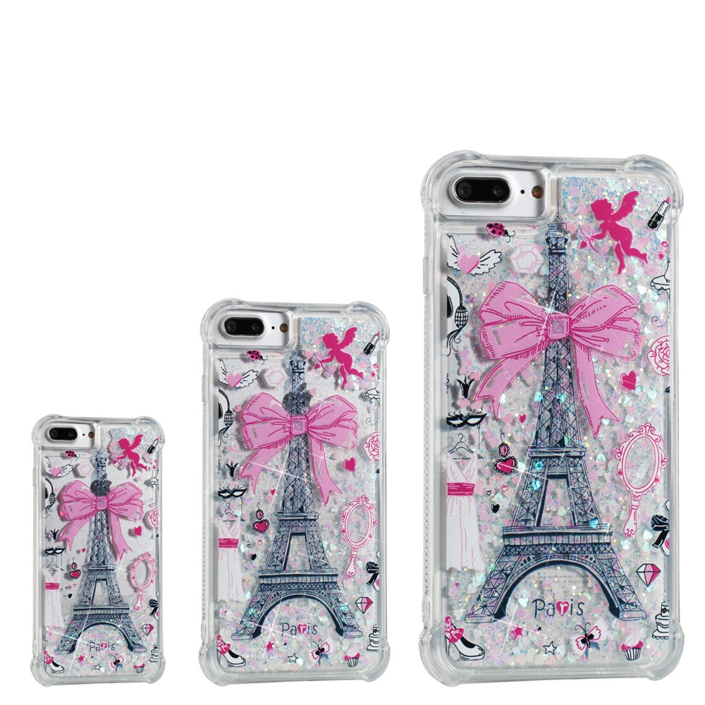 Liquid Glitter Powder Quicksand Shockproof TPU Back Case for iPhone 8 Plus / 7 Plus 5.5 inch - Eiffel Tower with Bow-knot-4