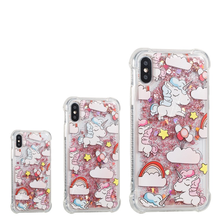 Liquid Glitter Powder Quicksand Shockproof TPU Back Case for iPhone X - Unicorns-4