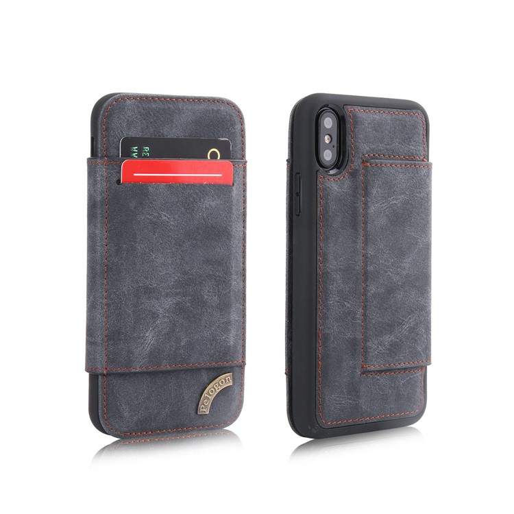 Vintage Card Slot Stand PU Leather Flip Case for iPhone X - Grey-1