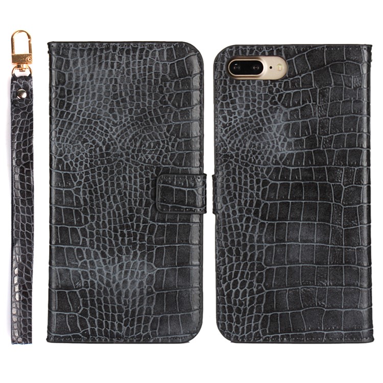 Crocodile Texture Leather Stand Shell with Strap for iPhone 8 Plus / 7 Plus 5.5 inch - Black-1
