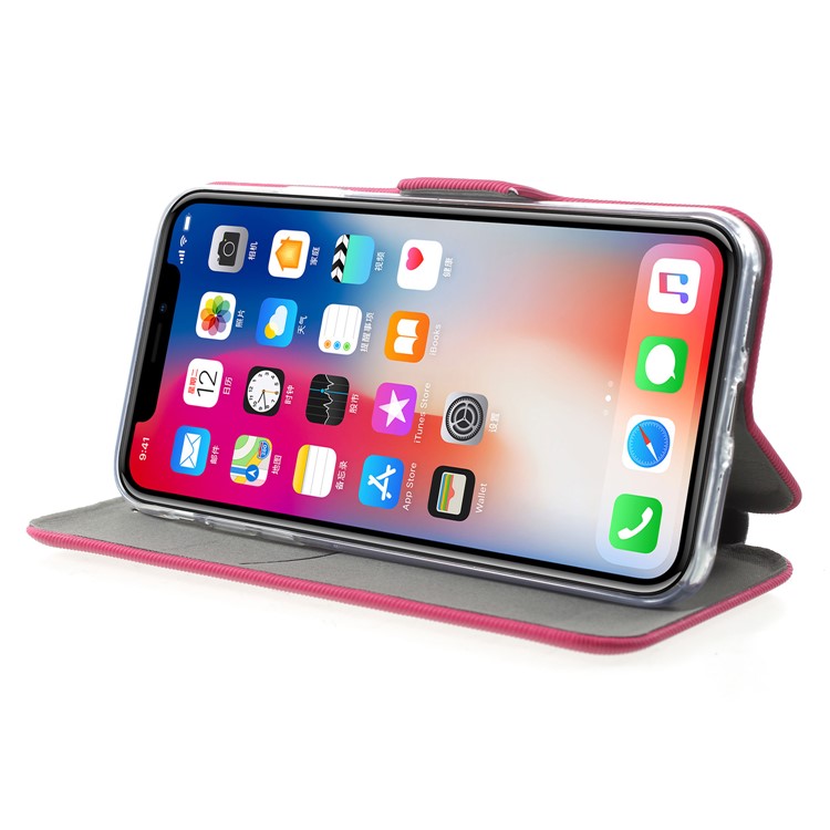Twill Grain Leather Card Holder Stand Cell Phone Case for iPhone X - Rose-4