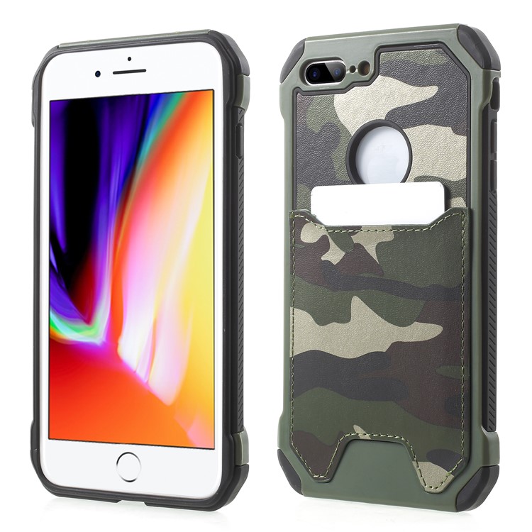Camouflage Leather Coated Card Holder PC TPU Hybrid Case for iPhone 8 Plus - Green-1