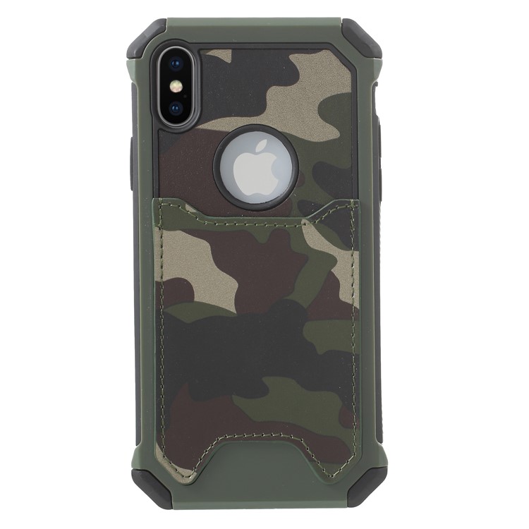 Camouflage Leather Coated Card Holder PC TPU Hybrid Case for iPhone X - Green-2