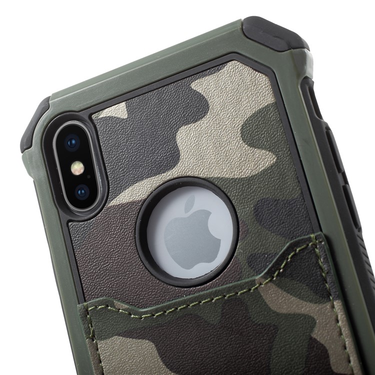 Camouflage Leather Coated Card Holder PC TPU Hybrid Case for iPhone X - Green-4