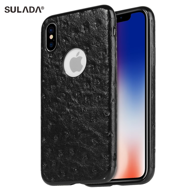 SULADA Ostrich Skin Leather Coated TPU Phone Flexible Case for iPhone X/10 5.8 inch Built-in Magnetic Holder Metal Sheet - Black-1