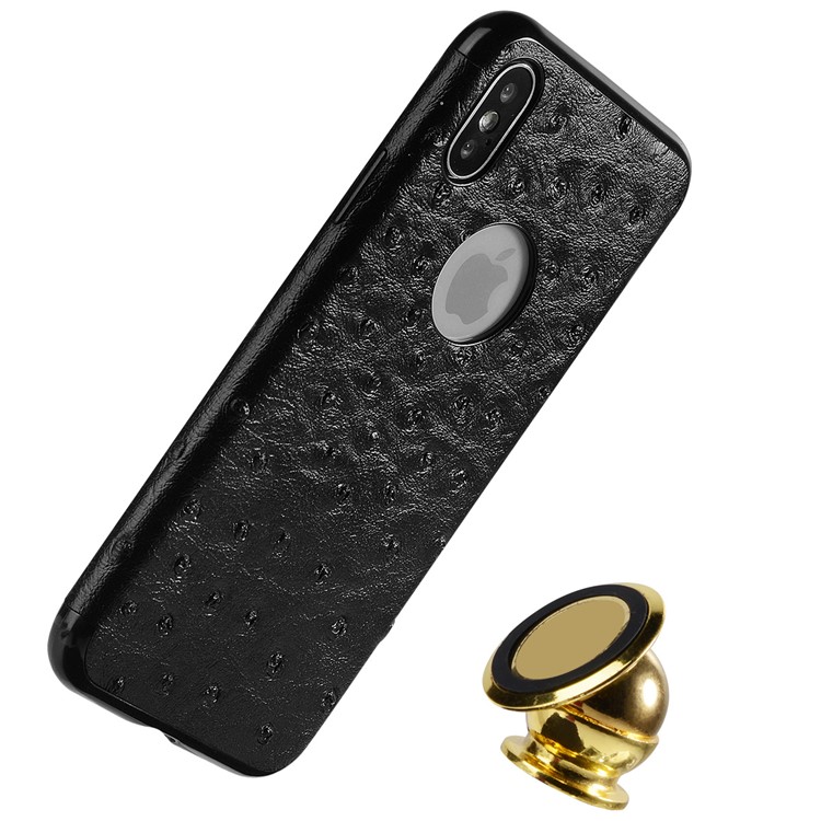 SULADA Ostrich Skin Leather Coated TPU Phone Flexible Case for iPhone X/10 5.8 inch Built-in Magnetic Holder Metal Sheet - Black-4
