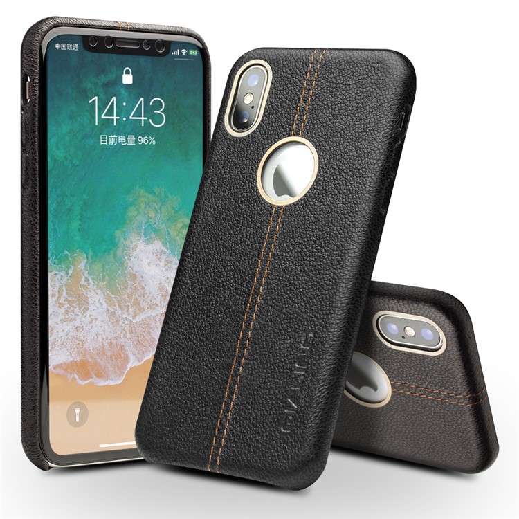 QIALINO Cowhide Genuine Leather Plastic Back Case for iPhone X/10 - Black-3