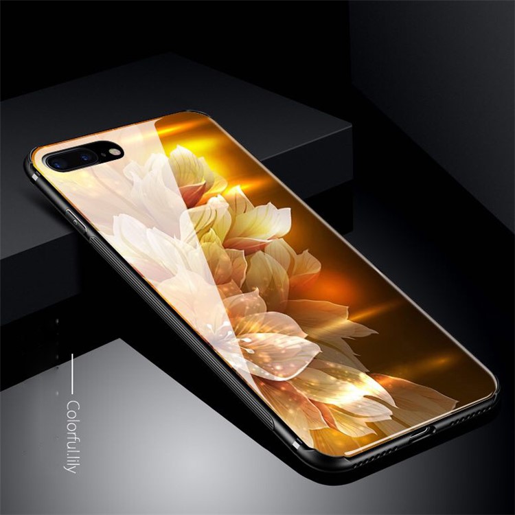 Patterned Tempered Glass Case Drop-proof Hybrid Back Case for iPhone 8 Plus/7 Plus - Colorful Lily-1