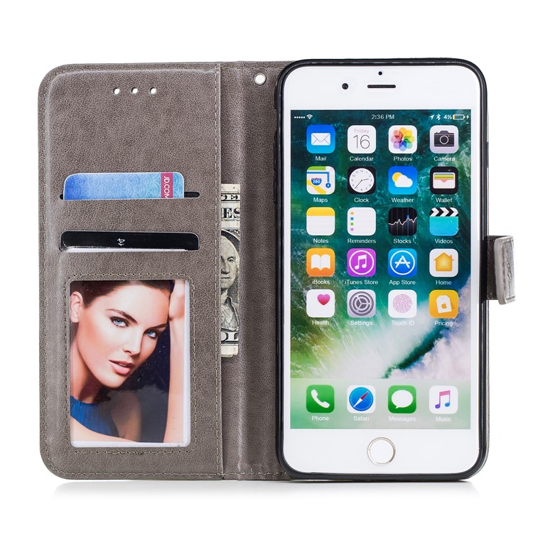 Imprinted Flamingo Leather Wallet Shell for iPhone 8 Plus/7 Plus 5.5 inch - Grey-7