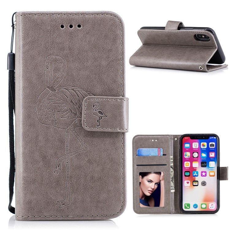 Imprinted Flamingo Leather Wallet Shell with Strap for iPhone X(Ten) 5.8 inch - Grey-1