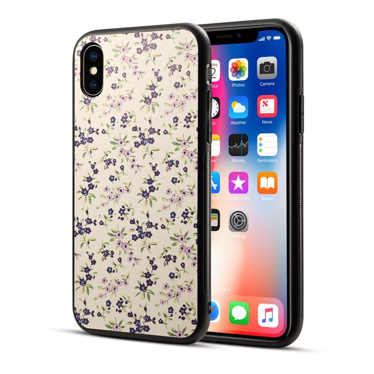 Pattern Printing PU Leather Coated PC + TPU Hybrid Case for iPhone X/10 5.8 inch - Blue Flower-1