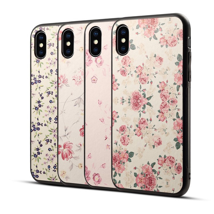 Pattern Printing PU Leather Coated PC + TPU Hybrid Case for iPhone X/10 5.8 inch - Blue Flower-5