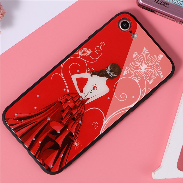 Beauty Series 9H Tempered Glass Back + Soft TPU Edges Phone Case for iPhone 8/7 - Red Dress-1