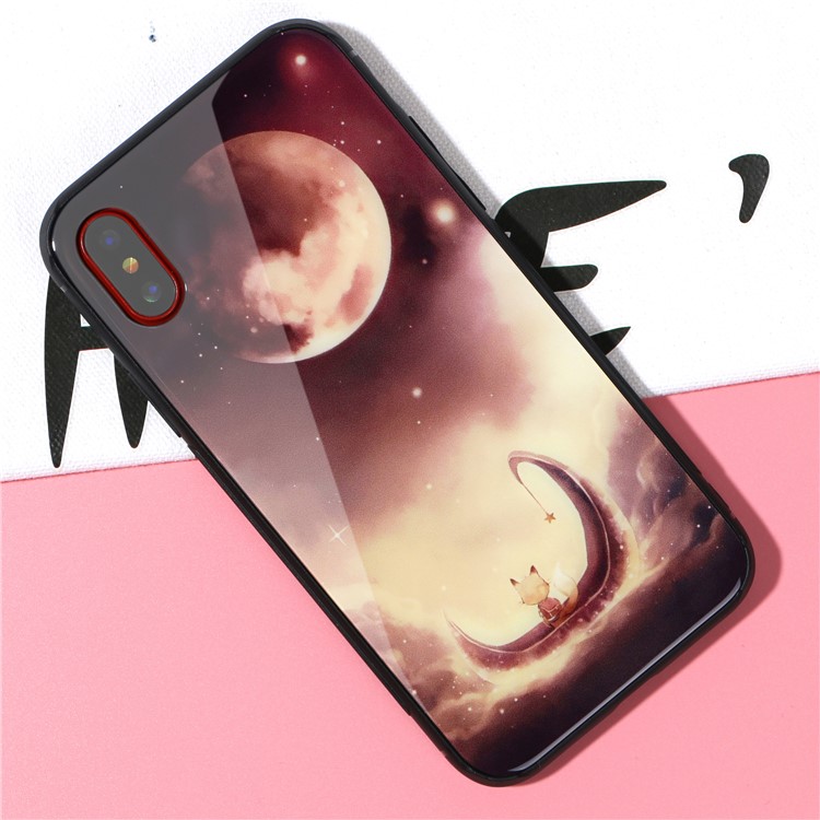 9H Tempered Glass Back + Soft TPU Edges Mobile Phone Cover for iPhone X - Moon and Boat-1
