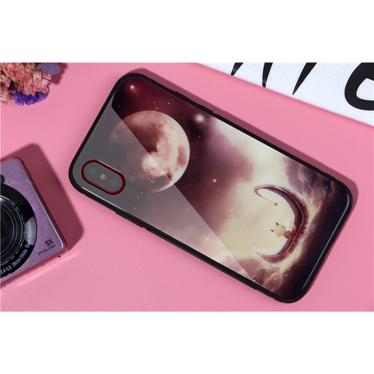 9H Tempered Glass Back + Soft TPU Edges Mobile Phone Cover for iPhone X - Moon and Boat-2