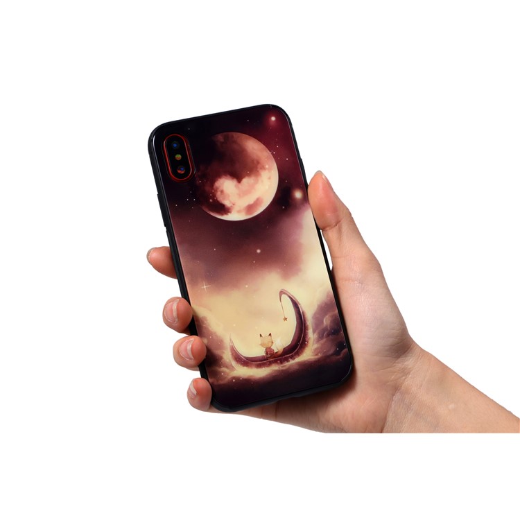 9H Tempered Glass Back + Soft TPU Edges Mobile Phone Cover for iPhone X - Moon and Boat-9