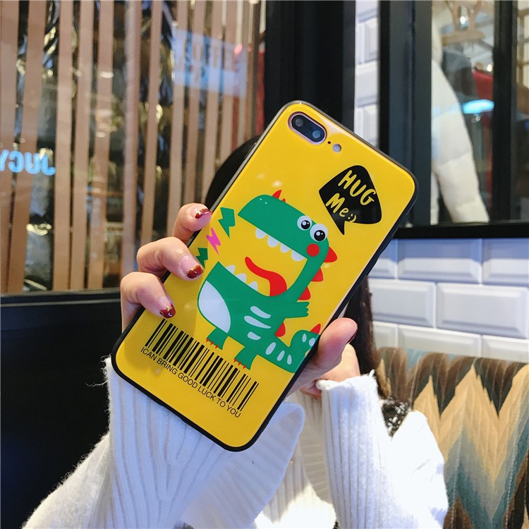 Dinosaur Patterned Tempered Glass Back + TPU Edge Drop-proof Hybrid Case for iPhone 8 Plus/7 Plus - Yellow-1