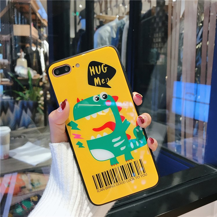 Dinosaur Patterned Tempered Glass Back + TPU Edge Drop-proof Hybrid Case for iPhone 8 Plus/7 Plus - Yellow-2