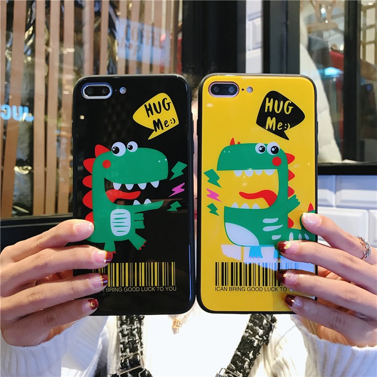 Dinosaur Patterned Tempered Glass Back + TPU Edge Drop-proof Hybrid Case for iPhone 8 Plus/7 Plus - Yellow-4