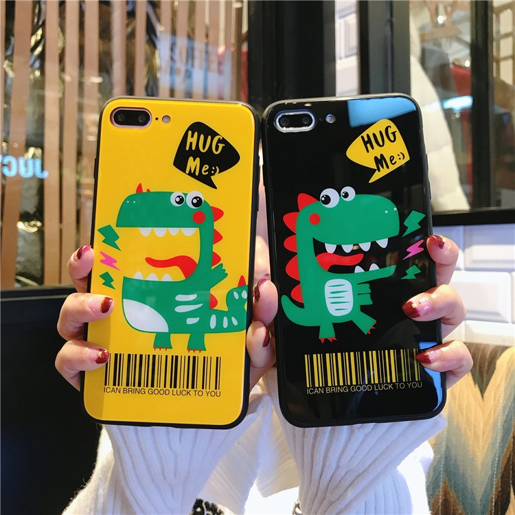 Dinosaur Patterned Tempered Glass Back + TPU Edge Drop-proof Hybrid Case for iPhone 8 Plus/7 Plus - Yellow-5