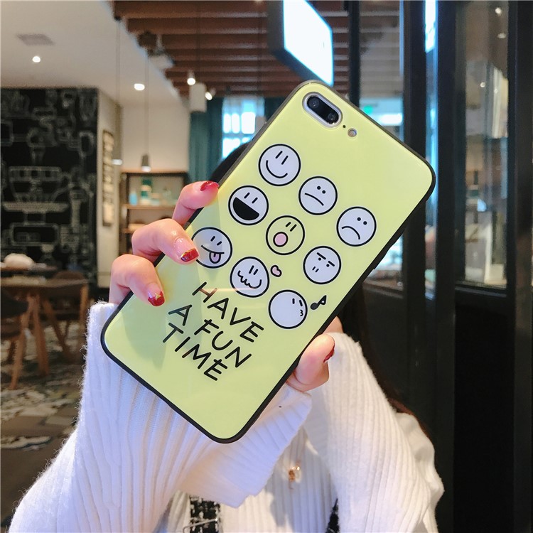 Cute Emoji Patterned Tempered Glass Back + TPU Edge Drop-proof Mobile Case for iPhone 8 Plus/7 Plus - Yellow-1