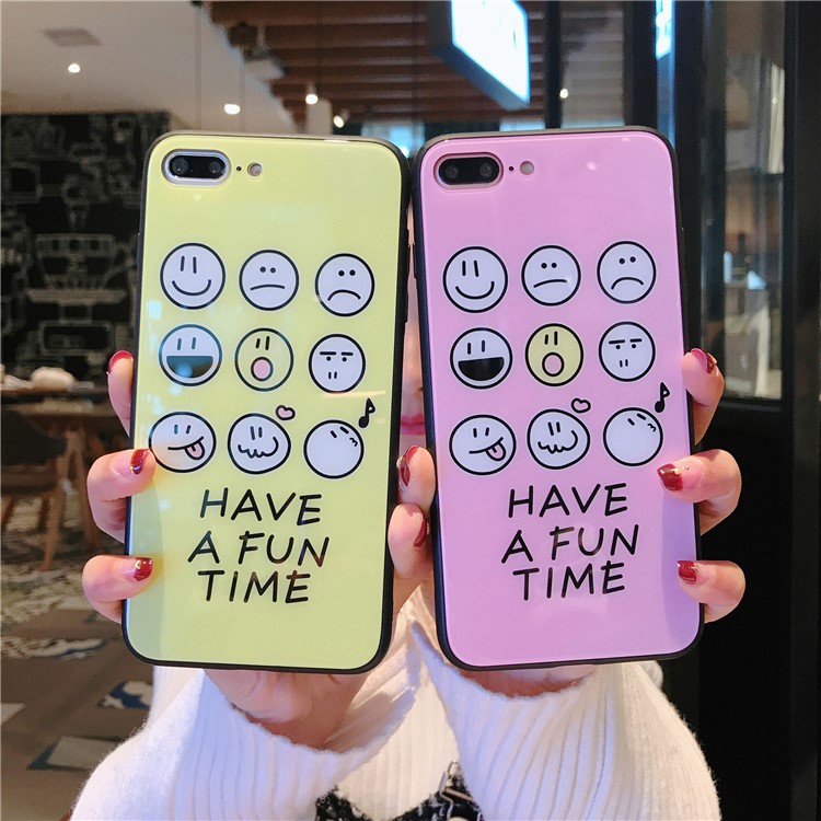 Cute Emoji Patterned Tempered Glass Back + TPU Edge Drop-proof Mobile Case for iPhone 8 Plus/7 Plus - Yellow-2