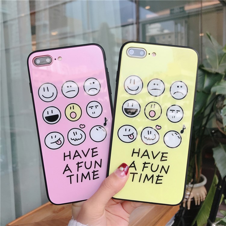 Cute Emoji Patterned Tempered Glass Back + TPU Edge Drop-proof Mobile Case for iPhone 8 Plus/7 Plus - Yellow-3