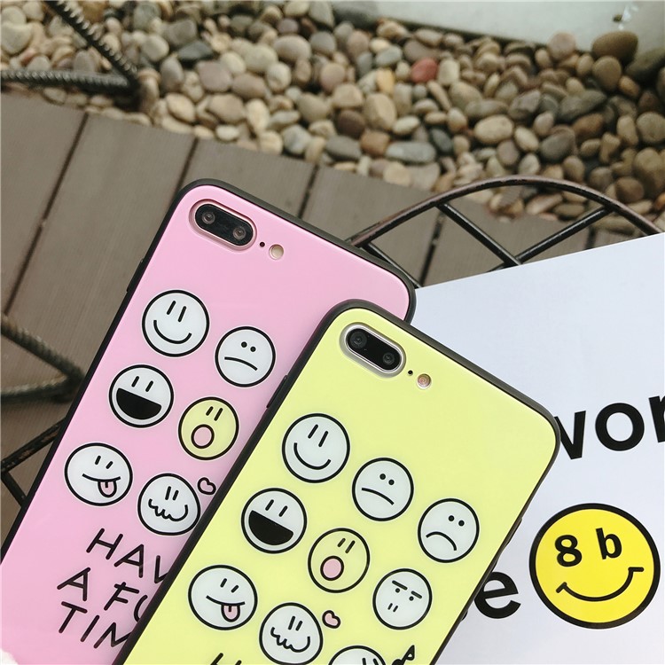 Cute Emoji Patterned Tempered Glass Back + TPU Edge Drop-proof Mobile Case for iPhone 8 Plus/7 Plus - Yellow-4