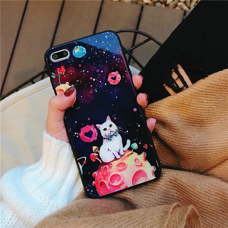 Planet Cat Series Tempered Glass Back + Soft TPU Edge Drop-proof Hybrid Mobile Case for iPhone 8 Plus/7 Plus - Black-1