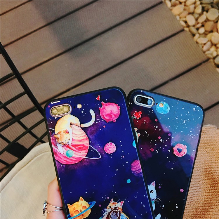Planet Cat Series Tempered Glass Back + Soft TPU Edge Drop-proof Hybrid Mobile Case for iPhone 8 Plus/7 Plus - Black-3