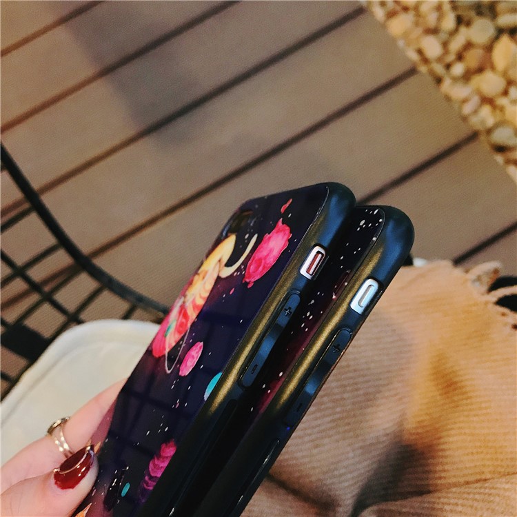 Planet Cat Series Tempered Glass Back + Soft TPU Edge Drop-proof Hybrid Mobile Case for iPhone 8 Plus/7 Plus - Black-4