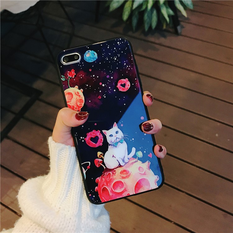 Planet Cat Series Tempered Glass Back + Soft TPU Edge Drop-proof Hybrid Mobile Case for iPhone 8 Plus/7 Plus - Black-5