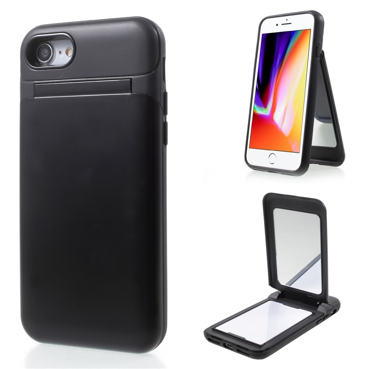 Card Holder Kickstand PC TPU Hybrid Case with Mirror for iPhone 8 / 7 - Black-1