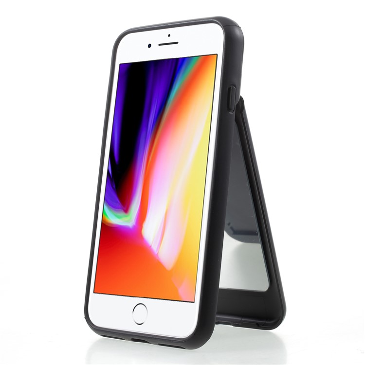 Card Holder Kickstand PC TPU Hybrid Case with Mirror for iPhone 8 / 7 - Black-4