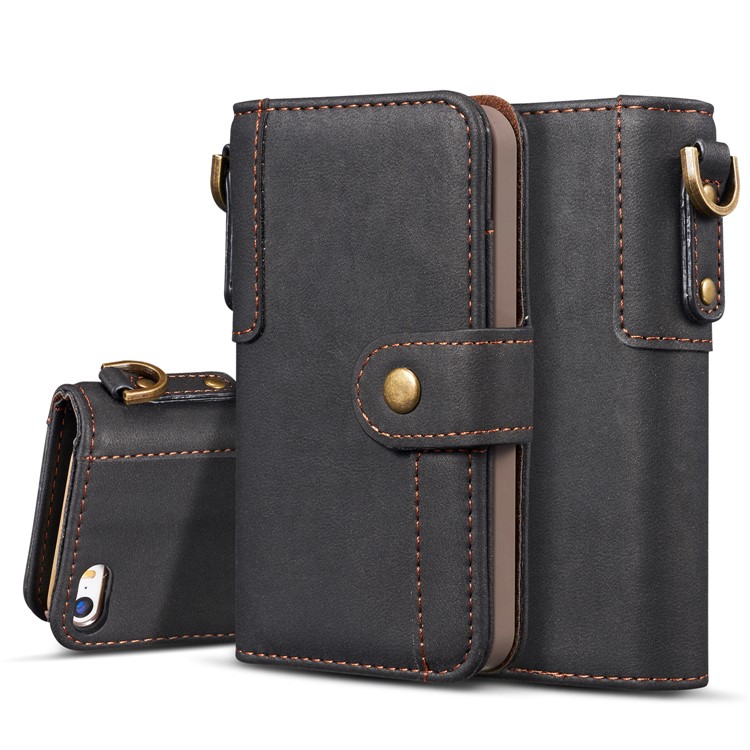 Retro Style Split Leather Wallet Stand Phone Flip Case with Strap for iPhone SE/5s/5 - Black-1