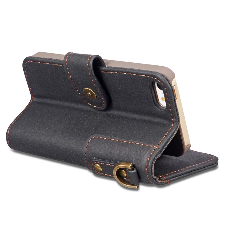 Retro Style Split Leather Wallet Stand Phone Flip Case with Strap for iPhone SE/5s/5 - Black-10