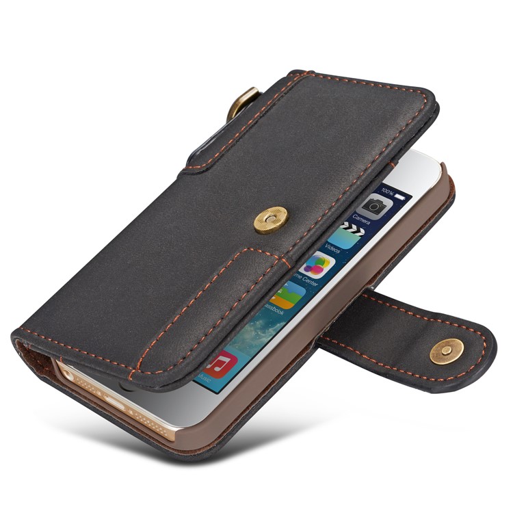 Retro Style Split Leather Wallet Stand Phone Flip Case with Strap for iPhone SE/5s/5 - Black-11