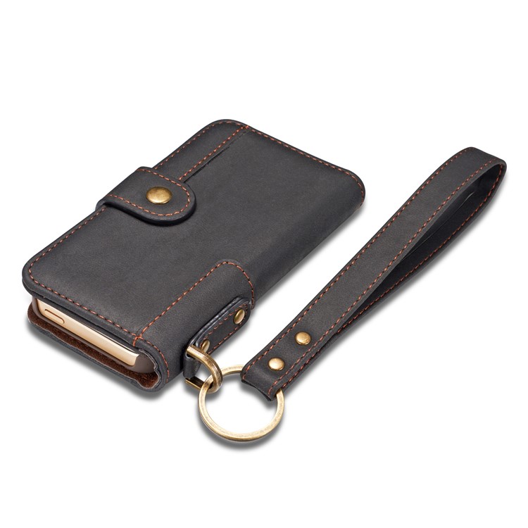 Retro Style Split Leather Wallet Stand Phone Flip Case with Strap for iPhone SE/5s/5 - Black-12