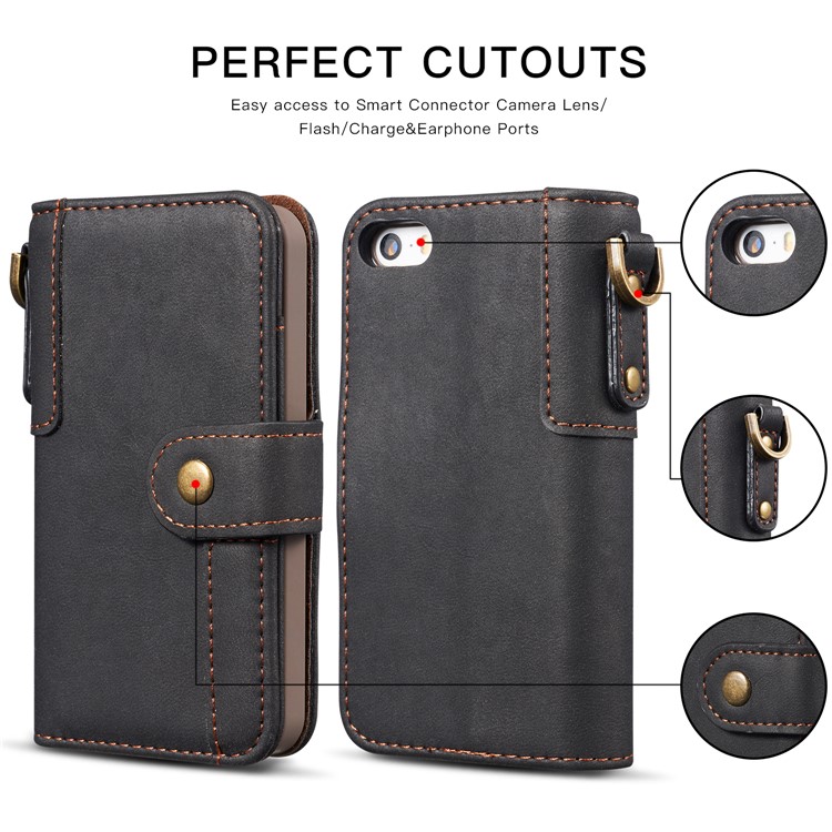 Retro Style Split Leather Wallet Stand Phone Flip Case with Strap for iPhone SE/5s/5 - Black-2