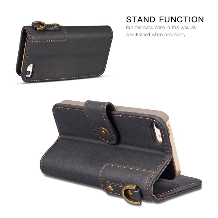 Retro Style Split Leather Wallet Stand Phone Flip Case with Strap for iPhone SE/5s/5 - Black-3