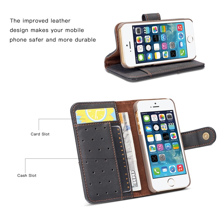 Retro Style Split Leather Wallet Stand Phone Flip Case with Strap for iPhone SE/5s/5 - Black-4
