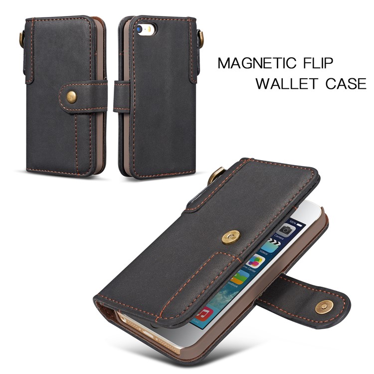 Retro Style Split Leather Wallet Stand Phone Flip Case with Strap for iPhone SE/5s/5 - Black-5