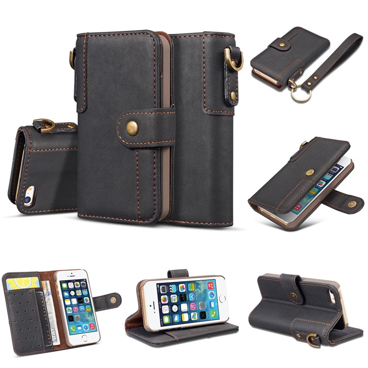 Retro Style Split Leather Wallet Stand Phone Flip Case with Strap for iPhone SE/5s/5 - Black-6